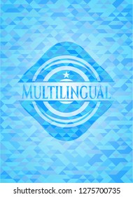 Multilingual light blue emblem with mosaic background