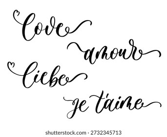 Palavras de Amor Multilingual Ilustração de Tipografia Cursiva Decorativa.