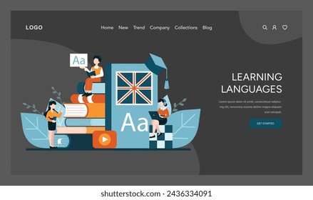 Multilingual Mastery concept. Embracing languages with books and digital tools. The British flag symbolizes English learning. Diverse methods for language acquisition. Vector illustration