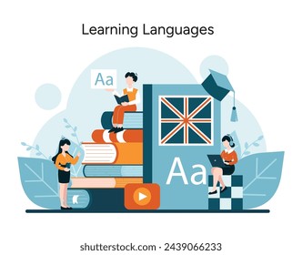 Multilingual Mastery concept. Embracing languages with books and digital tools. The British flag symbolizes English learning. Diverse methods for language acquisition. Vector illustration