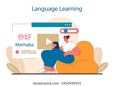 Multilingual Mastery concept. Engaging with diverse languages through digital platforms. Enhancing communication and cultural understanding. Flat vector illustration.