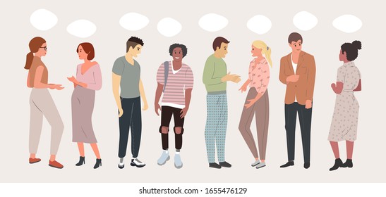 Multilingual meeting  flat vector illustration. A group of people communicates, social networks, the concept of communication, discussing business, news, acquaintance, chat, dialogue speech bubbles