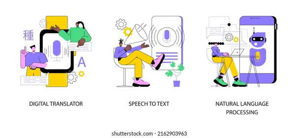 Multilingual mobile application abstract concept vector illustration set. Digital translator, speech to text, natural language processing, electronic dictionary, voice recognition abstract metaphor.