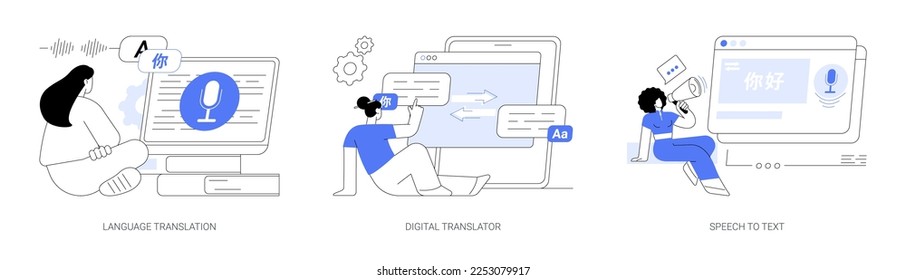 Conjunto de ilustraciones vectoriales abstractas de aplicaciones móviles multilingües. Traducción de idiomas, traductor digital, voz a texto, tecnología de reconocimiento de voz, metáfora abstracta del diccionario en línea.