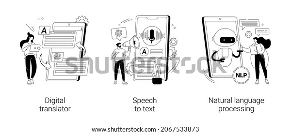 Multilingual mobile application abstract\
concept vector illustration set. Digital translator, speech to\
text, natural language processing, electronic dictionary, voice\
recognition abstract\
metaphor.