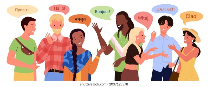 Multilingual people greeting, young man woman say hello in different foreign languages