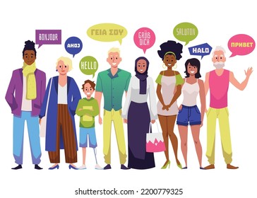 Multilingual people group with speech bubbles in different languages. Foreign languages native speakers, flat vector illustration isolated on white background.