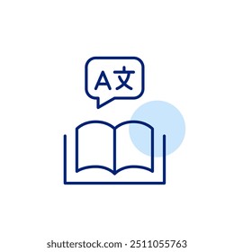 Lectura multilingüe. Libros o literatura disponibles en varios idiomas. Icono de trazo perfecto y editable del píxel