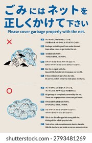 Multilingual sign poster for correct usage of garbage collection net with text Please cover garbage properly with the net