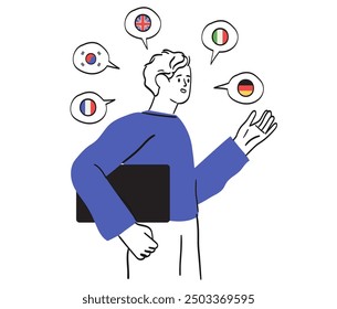 Multilingual speaker. Man polyglot speaking many different foreign languages, talking, studying, knowing English, German, Korean, French, Italian. Line doodle vector illustration isolated on white bg.