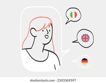 Multilingual speaker. Woman polyglot speaking many different foreign languages, talking, studying, knowing English, German, Italian. Line doodle vector illustration isolated on white background.