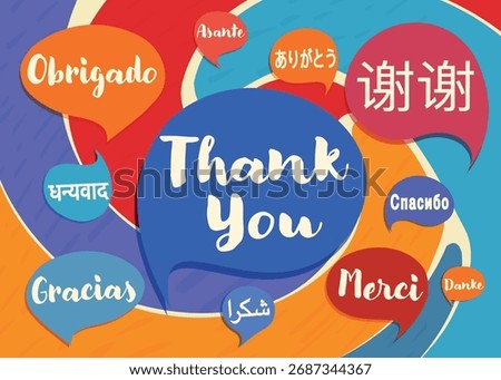 Multilingual Thank You Message in Colorful Speech Bubbles Representing Global Communication