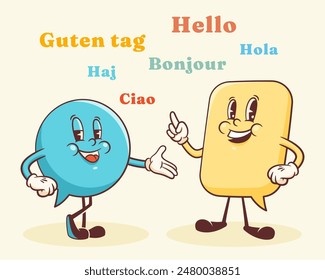 Multilingual Vector Talk International Characters Illustration. Groovy Cartoon Speech Bubbles Conversation Chat Message Personages Speak Hello in Different Languages. Diverse Communication