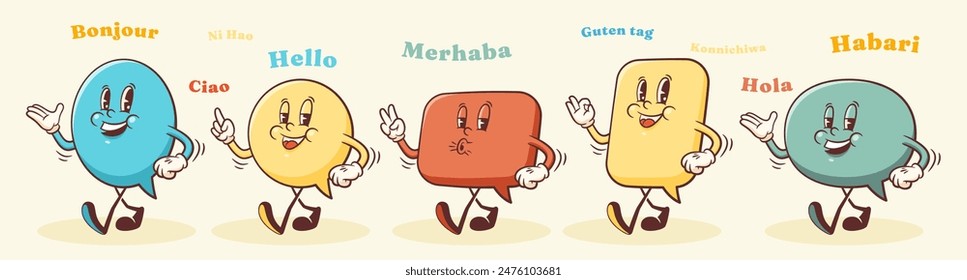 Multilingual Vector Talk International Group of Characters Illustration. Groovy Cartoon Speech Bubbles Conversation Chat Message Personages Speak Hello in Different Languages. Diverse Communication
