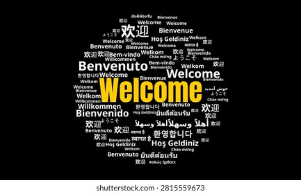 Multilingual Welcome Word Cloud in Various Languages. Creative Black Backdrop Worldwide Hospitality Word Cloud Graphic Asset. 