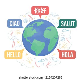 Multilingual world 2D vector isolated illustration. Hello in different languages flat object on cartoon background. Colourful scene for mobile, website, presentation. Bebas Neue, KozGoPr6N fonts used