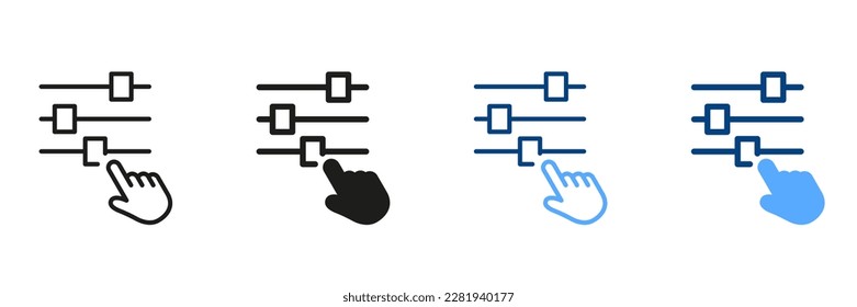 Multimedia Adjusting Symbol Collection. Control Panel and Pointer Line and Silhouette Icon Set. Adjustment Button with Hand Pictogram. Control Panel Sign. Isolated Vector Illustration.