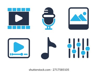 Conjunto de iconos de producción multimedia y de audio. Iconos de la serie de glifos sólidos