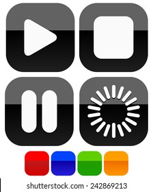 Multimedia, audio, video button set: Play, stop, pause and buffering, preloading. Black and 4 colors included.