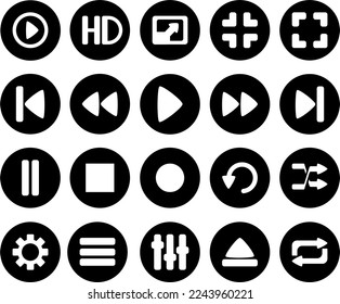 Ajuste del botón de visualización de vídeo audio multimedia conjunto de iconos web diseño gráfico vectorial negro