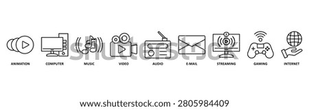 multimedia banner web icon illustration with icon of animation, computer, music, video, audio, e-mail, streaming, gaming, internet