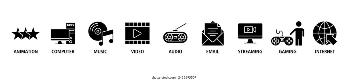 Multimedia banner web icon set vector illustration concept with icon of animation, computer, music, video, audio, e-mail, streaming, gaming and internet