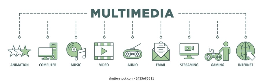 Multimedia banner web icon set vector illustration concept with icon of animation, computer, music, video, audio, e-mail, streaming, gaming and internet