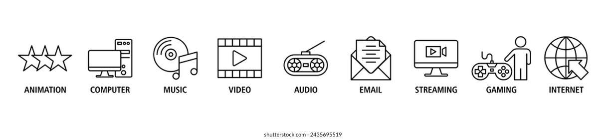 Multimedia banner web icon set vector illustration concept with icon of animation, computer, music, video, audio, e-mail, streaming, gaming and internet