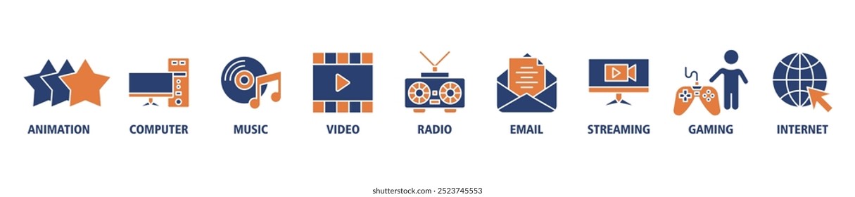 Multimedia-Banner Web-Symbol Satz Vektorgrafik-Konzept mit Symbol der Animation, Computer, Musik, Video, Audio, E-Mail, Streaming, Spiele und Internet-Icons Infografik Symbol Hintergrund