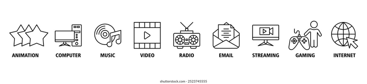 Concepto de Ilustración vectorial Video de conjunto de iconos de Web de Anuncio multimedia con icono de animación, computadora, música, audio, correo electrónico, transmisión, juegos e Internet