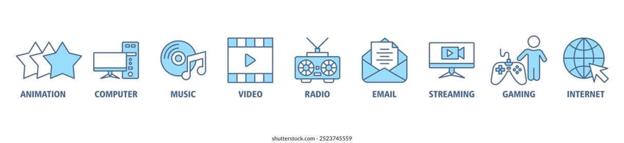 Concepto de Ilustración vectorial Video de conjunto de iconos de Web de Anuncio multimedia con icono de animación, computadora, música, audio, correo electrónico, transmisión, juegos e Internet