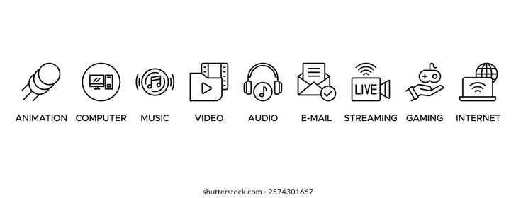 Multimedia banner web icon set illustration concept with icon of animation, computer, music, video, audio, e-mail, streaming, gaming and internet