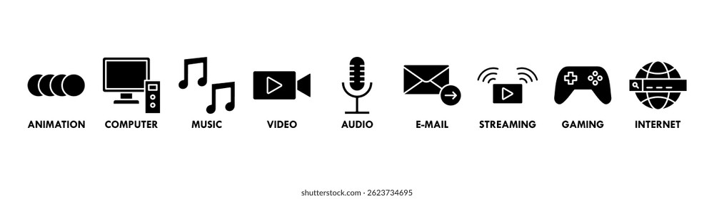 Banner multimídia ícone web vetor ilustração conceito com ícone de animação, computador, música, vídeo, áudio, e-mail, streaming, jogos e internet