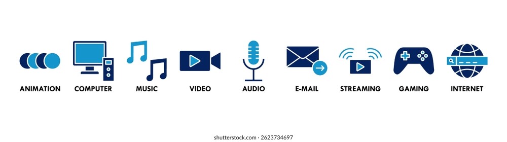 Banner multimídia ícone web vetor ilustração conceito com ícone de animação, computador, música, vídeo, áudio, e-mail, streaming, jogos e internet