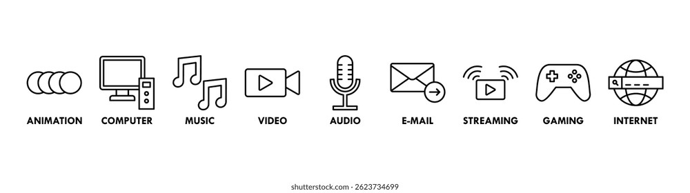 Multimedia banner web icon vector illustration concept with icon of animation, computer, music, video, audio, e-mail, streaming, gaming and internet