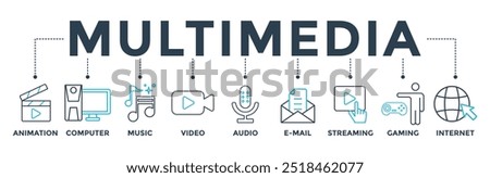 Multimedia banner web icon vector illustration concept with icon of animation, computer, music, video, audio, e-mail, streaming, gaming and internet
