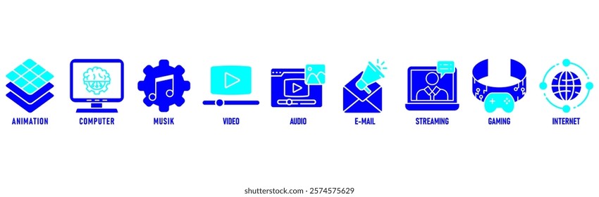 Multimedia banner website icon vector illustration concept with icon of animation, computer, music, video, audio, e-mail, streaming, gaming and internet on white background