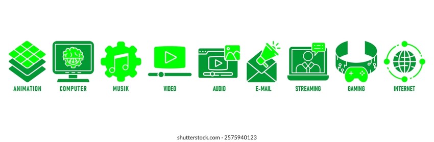 Multimedia banner website icon vector illustration concept with icon of animation, computer, music, video, audio, e-mail,