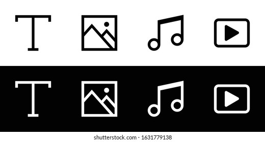 Multimedia basic type icon set. Flat design icon collection isolated on black and white background. Text, image or photo, music or sound, and video. 