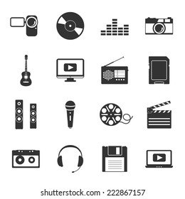 Multimedia black and white flat icons set