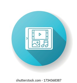 Icono de glifo de sombra larga de diseño plano azul multimedia. Pantalla de Tablet PC con navegación de menú. Tecnología digital. Pantalla eléctrica de gadget. Foto y video en el dispositivo. Ilustración de color RGB de silueta