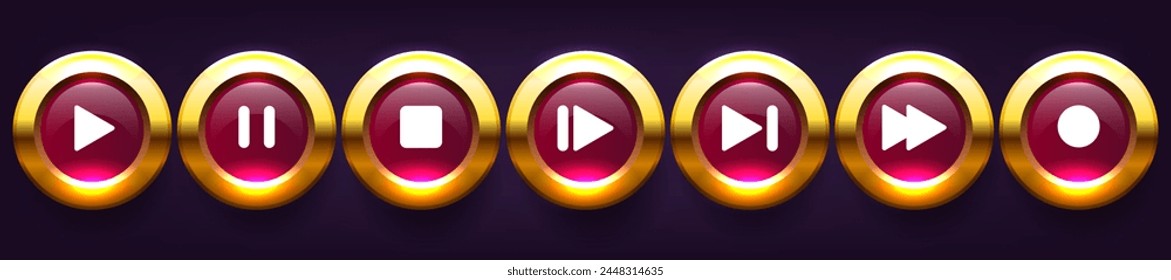 Multimedia buttons. Black buttons with golden frame. Vector clipart isolated on dark background.