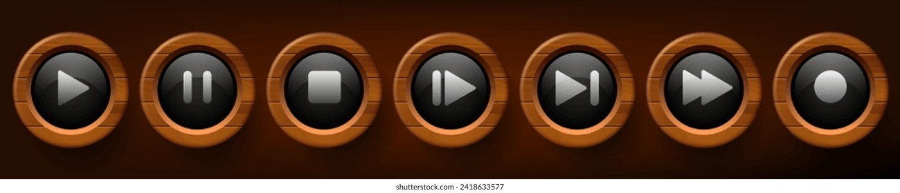 Multimedia buttons. Black buttons with wooden frame. Vector clipart isolated on dark background.