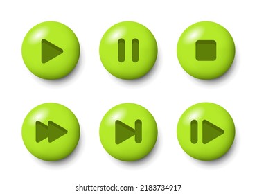 Multimedia buttons. Set of 3d play buttons. Cartoon icons Play, pause, forward, skip and stop. Vector clipart isolated on white background.