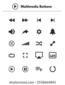 Multimedia Buttons. Set of Media player icons. Music, interface, design media player buttons collection. Vector Illustration. stock illustratio