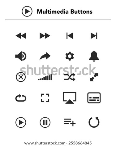 Multimedia Buttons. Set of Media player icons. Music, interface, design media player buttons collection. Vector Illustration. stock illustratio