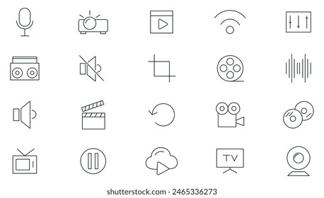 Multimedia, cinema and entertainment line icons set. Outline icon collection. Thin outline icons pack.