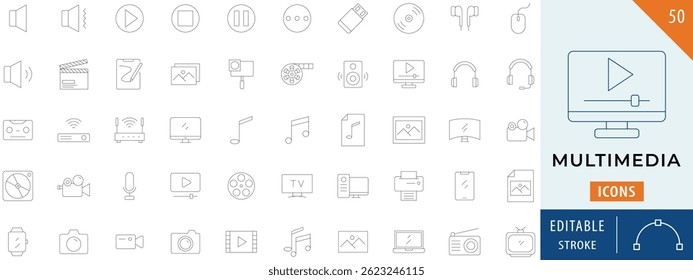 Multimedia collection icon set. Containing photo, video, music, audiovisual equipment, technology, and more. Editable stroke line. Vector illustration.