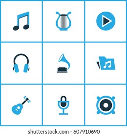 Multimedia Colored Icons Set. Collection Of Headset, Harp, Play And Other Elements. Also Includes Symbols Such As Dossier, Speaker, Guitar.