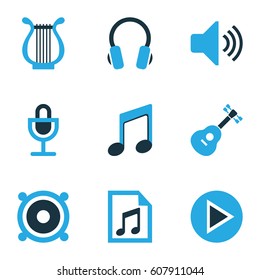 Multimedia Colored Icons Set. Collection Of Guitar, Speaker, Harp And Other Elements. Also Includes Symbols Such As Microphone, Sound, Musical.